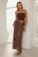 Lovergirl Energy Polka Dot Strapless Maxi Dress Brown