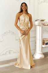 Frosted Glimmer Satin Halter Maxi Dress Gold