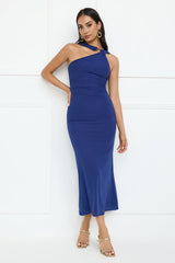 Nightlife Chic One Shoulder Mesh Midi Dress Blue