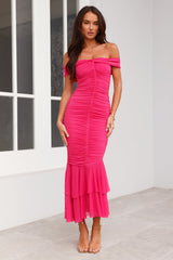 Tanisha Off Shoulder Mesh Midi Dress Pink