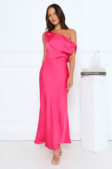 Late Night Luxe Off Shoulder Satin Maxi Dress Pink