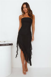 Social Status Strapless Mesh Frill Midi Dress Black
