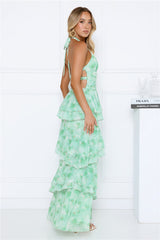 Summer Haze Floral Print Halter Maxi Dress Green