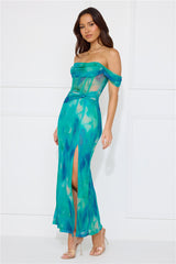 Timeless Grace Off Shoulder Mesh Maxi Dress Green