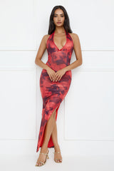Watermelon Splash Halter Mesh Maxi Dress Red