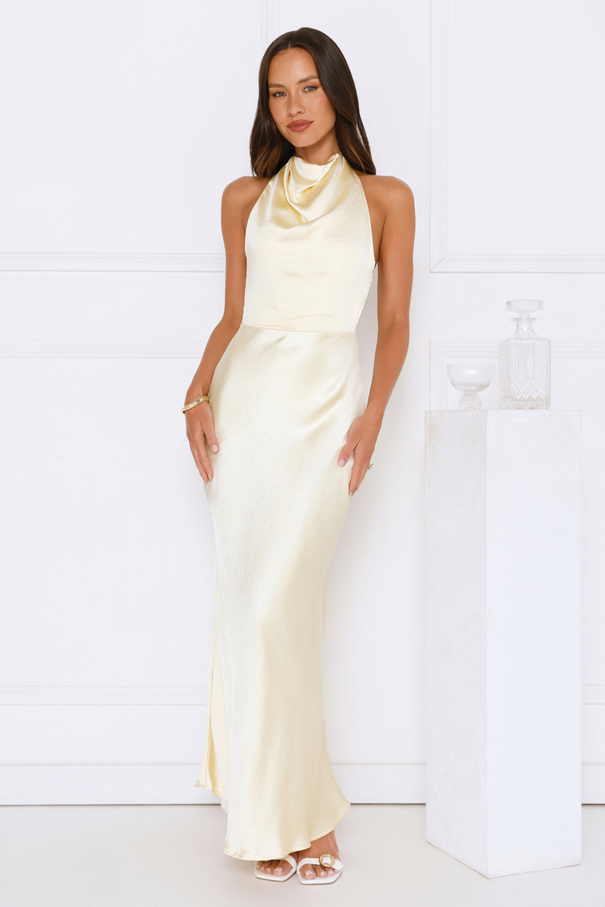 Draped In Diamonds Satin Halter Maxi Dress Yellow