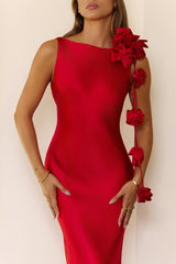 Satin Rose Embellished Maxi Dress Red