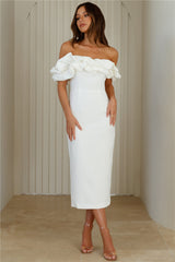 Idolise Off Shoulder Frill Midi Dress White