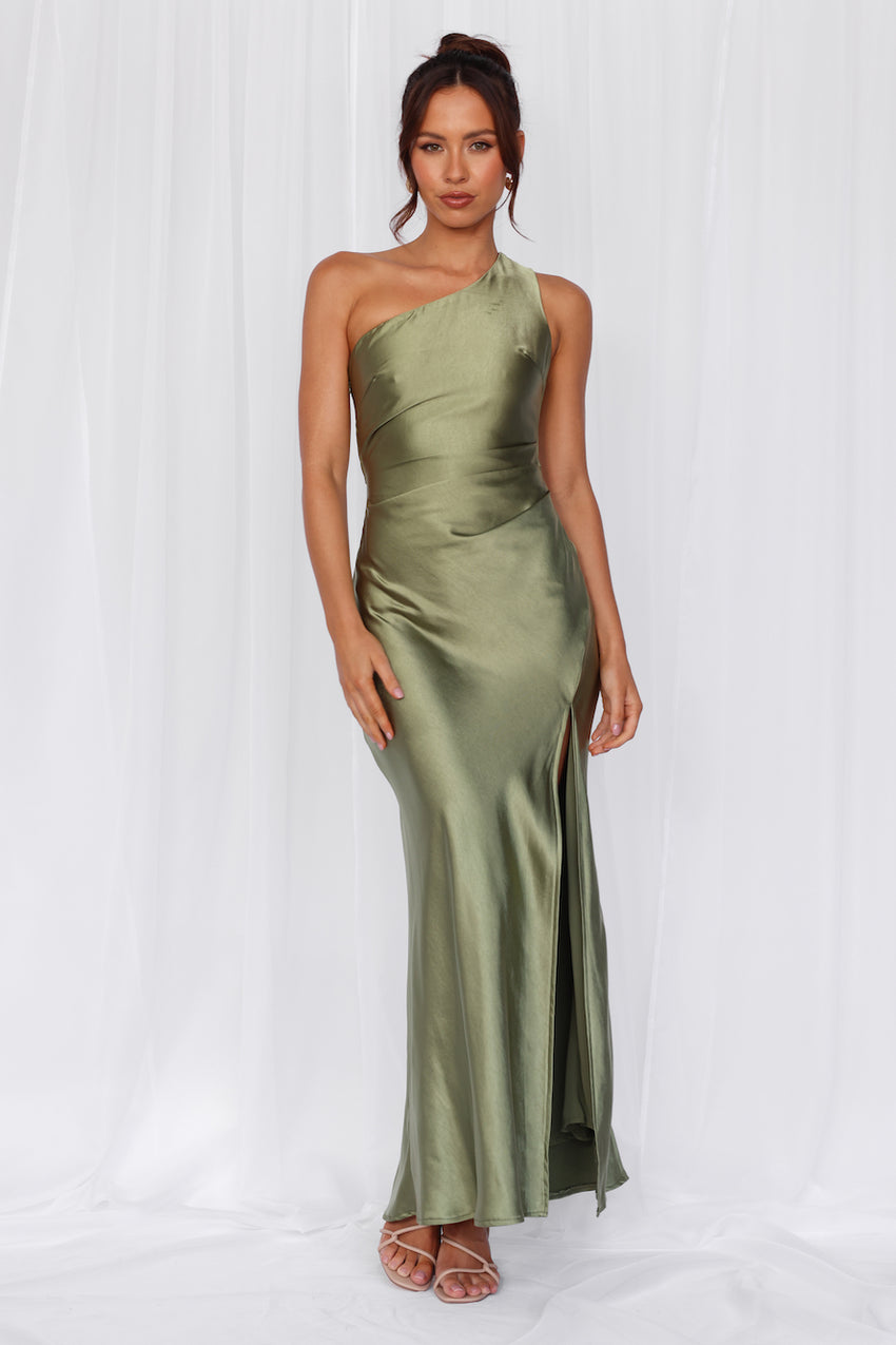 The Aurora One Shoulder Satin Maxi Dress Olive